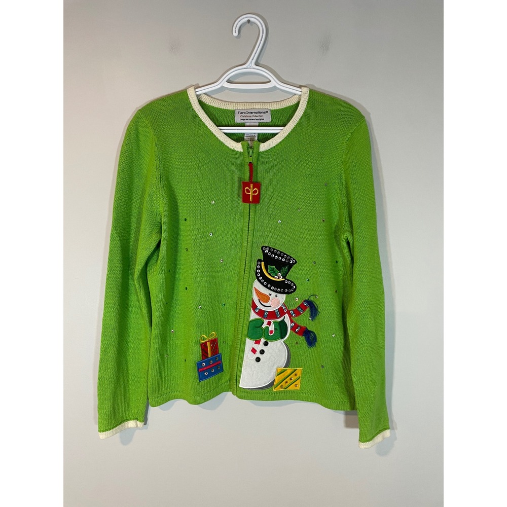 Tiara International Christmas Snowman Zip Up Cardigan Sweater‎ Green Womens M